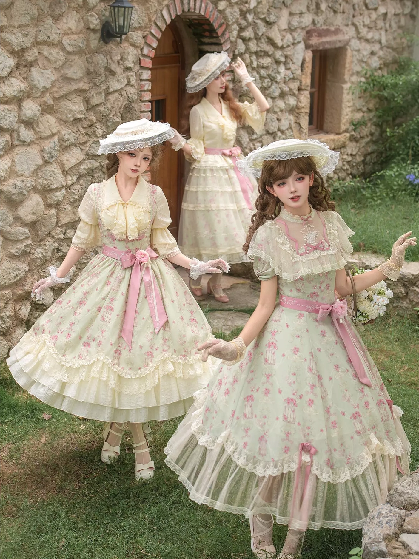 Sweet lolita dress set cream floral print pink accents tiered lace skirt styling details close-up