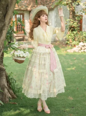 Sweet lolita dress side profile model with straw hat wicker basket cream pink floral midi skirt garden setting