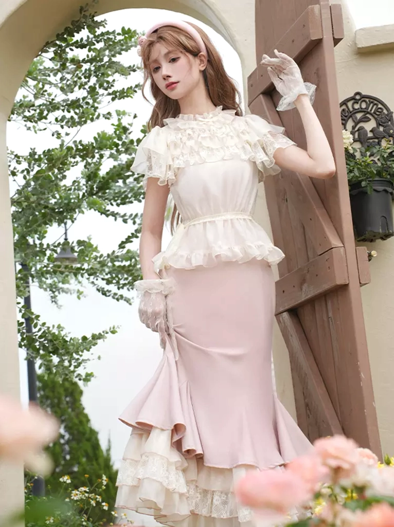Sweet lolita dress ensemble featuring high neck ruffled lace top with short sleeves, side profile view wearing lace gloves