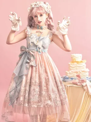Kawaii lolita sundress with square neckline and unicorn chest appliqué worn by model with white gloves and raised hands posture