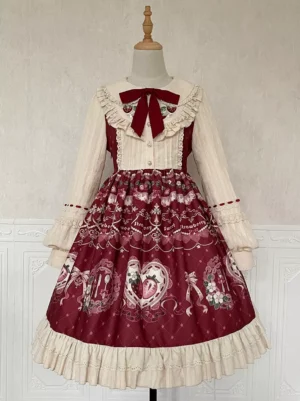 Sweet lolita one-piece dress wine red printed skirt off-white long sleeves bow necktie front