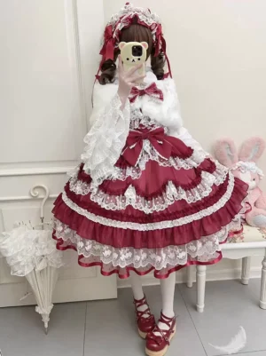 Full body front mirror selfie wearing wine red and white sweet lolita dress with multi-layered lace skirt, paired with red mary jane shoes