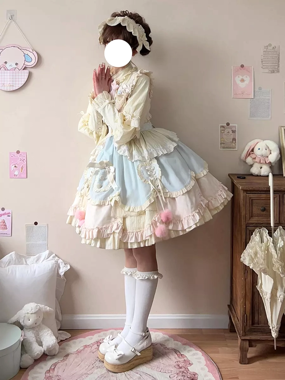 full-length layered ruffled sweet lolita dress yellow baby blue color scheme frilly white socks platform loafers bedroom background