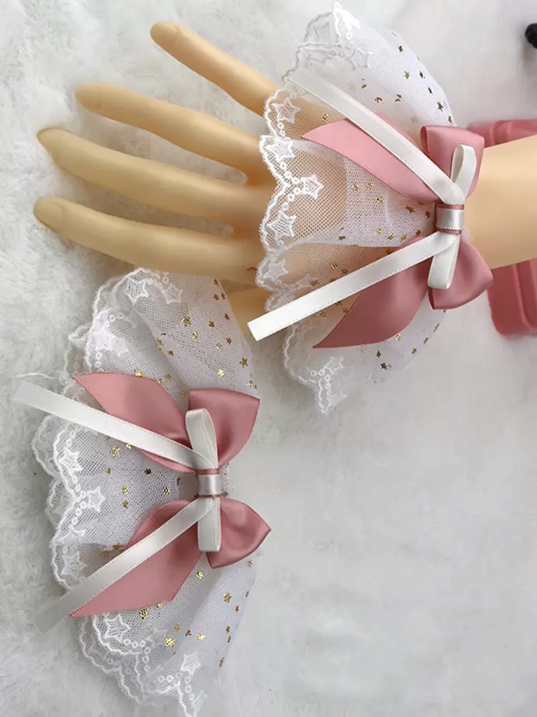 Dusty pink satin bow with white star-patterned ruffled mesh wrist cuffs and delicate lace edge, Sweet Lolita arm and hair accessories set