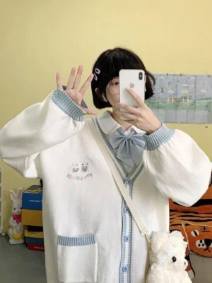 Ecru white sweet lolita long sleeve overcoat front detail with embroidery and lantern sleeves