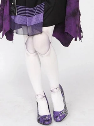 Sweet Lolita purple eye print white velvet tights styled on model with gothic purple outfit and platform heels, showcasing ankle and knee print details