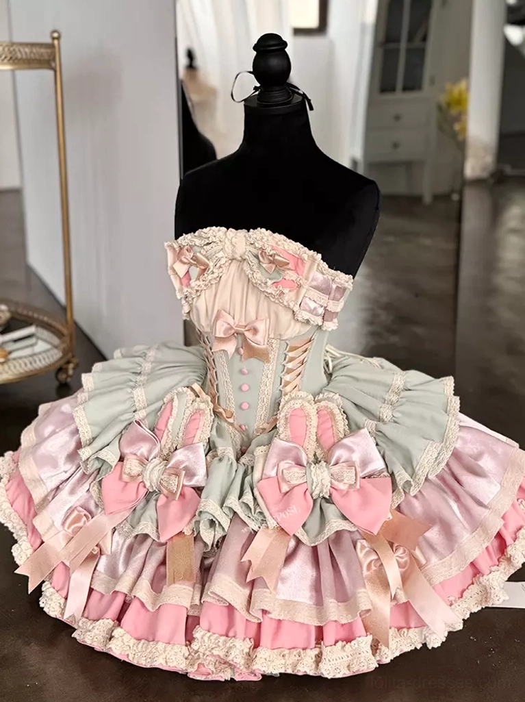 Sweet lolita fairy dress three-quarter front view showing corset bodice lace trims and layered ruffled skirt