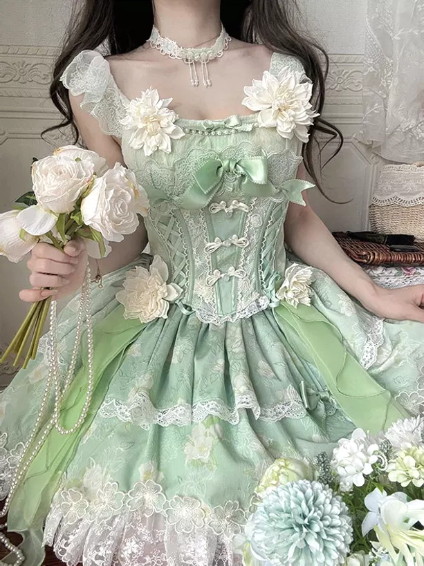 Green sweet lolita fairy dress front full view displaying floral lace corset mini bows and ruffled skirt in enchanted garden palette