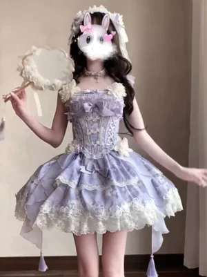 Enchanted garden sweet lolita fairy dress front three-quarter view with floral lace corset bodice and layered ruffle skirt in purple tone