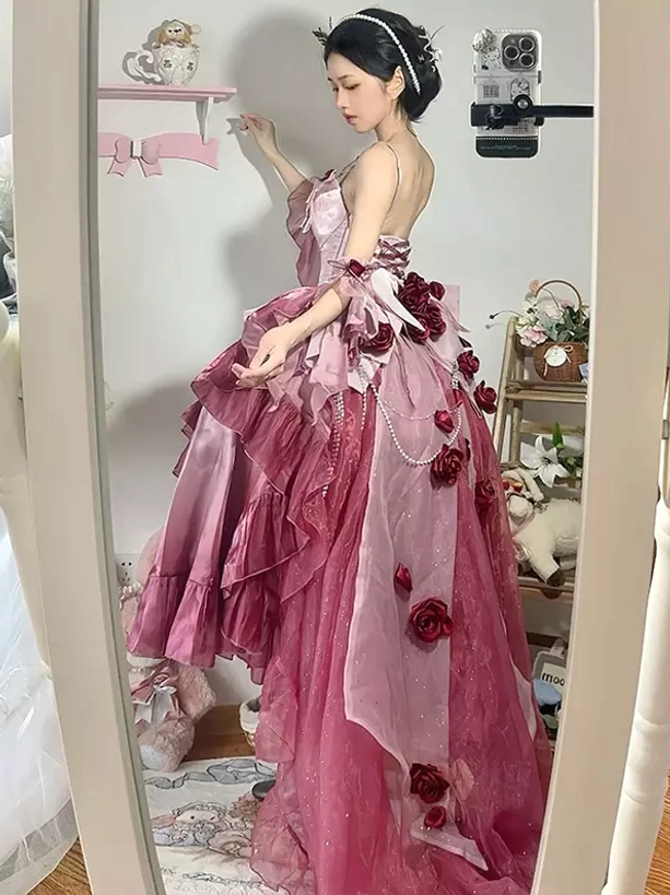 Sweet lolita fairy dress purple ombre pattern and tulle layers texture detail showing fabric quality