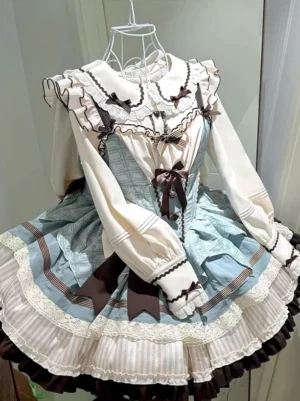 Sweet lolita fairy dress set light sky blue checkered lace-up bodice front view with multi-layer ruffled skirt and dark brown coordinating bows