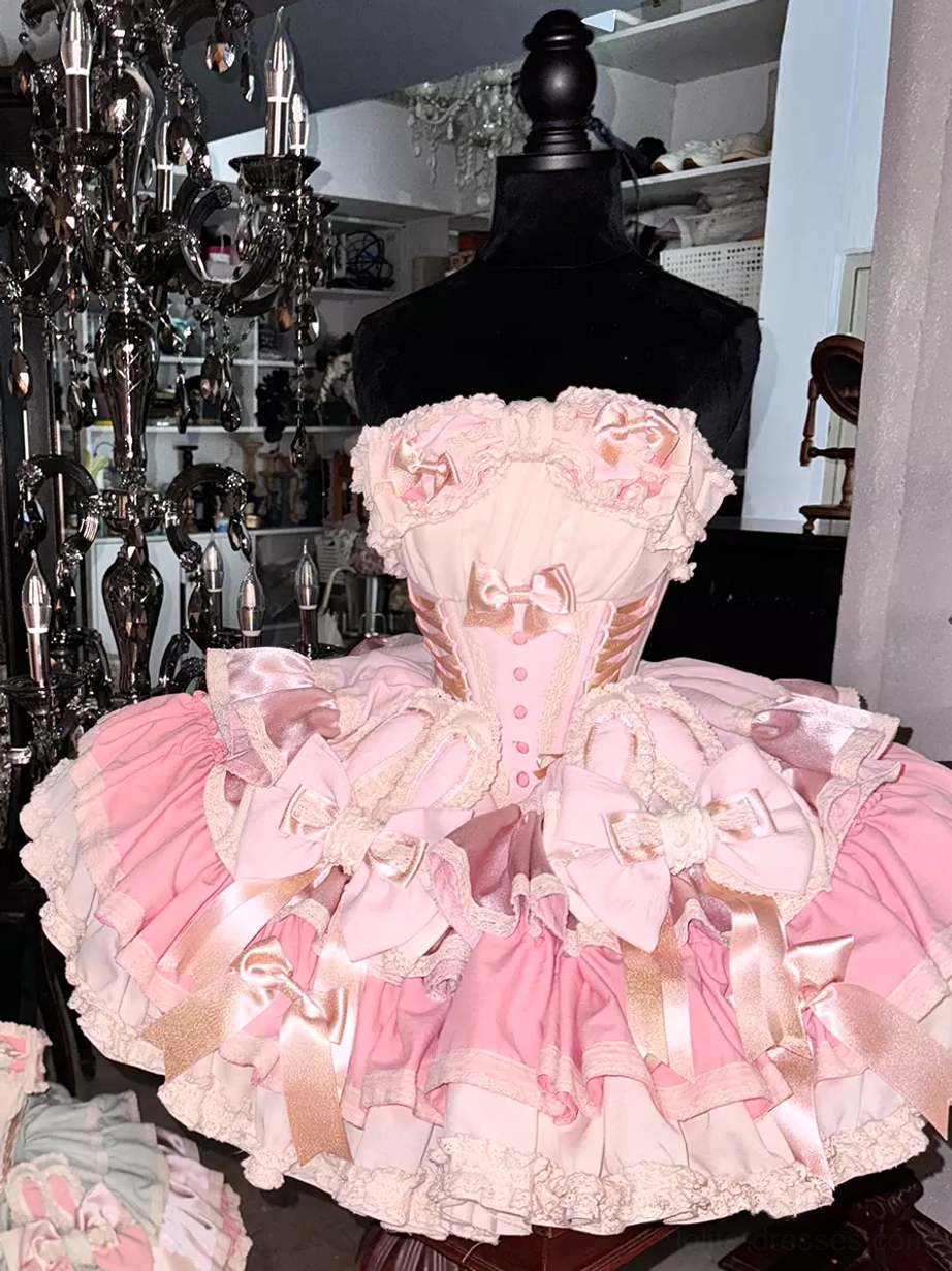 Sweet lolita fairy dress side profile view showing fitted corset bodice multi-layer ruffled skirt volume and overall silhouette proportions