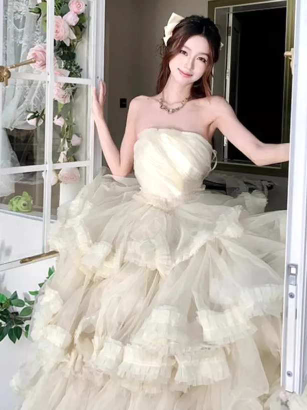 Sweet lolita fairy dress strapless white tiered tulle ruffled ball gown front view french window elegant ruched bodice necklace