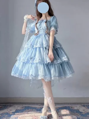 Sweet lolita tulle dress side front angle showcasing tiered ruffled skirt and bow details light sky blue fairy dress