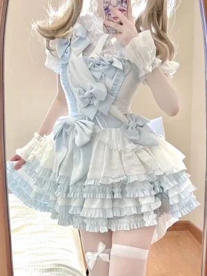 Sweet lolita fairy dress white pastel blue ruffled jumper front oblique mirror view twin ponytails white stockings
