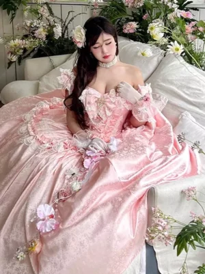 Luxurious off-shoulder satin ball gown with scattered floral decorations and ruffled bodice - sweet lolita fairy dress seated view