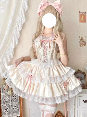 Pink Sweet Lolita dress set three-quarter front view showing beige-white dress with pink lace trims and decorative bows