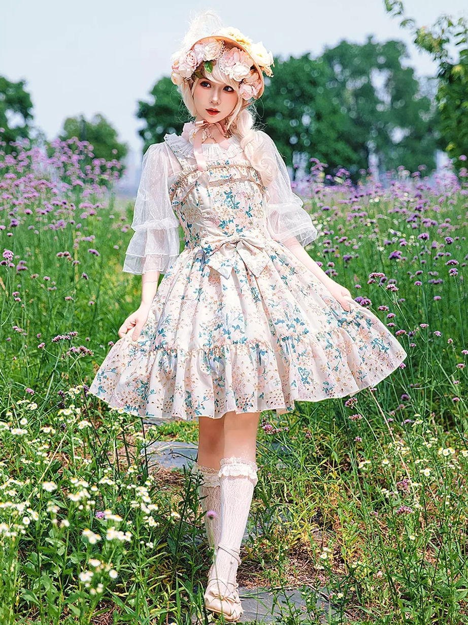 Lolita sweet dress model wearing front-side view outdoor flower field flower crown sheer bolero leather shoes lace socks coordinate inspiration