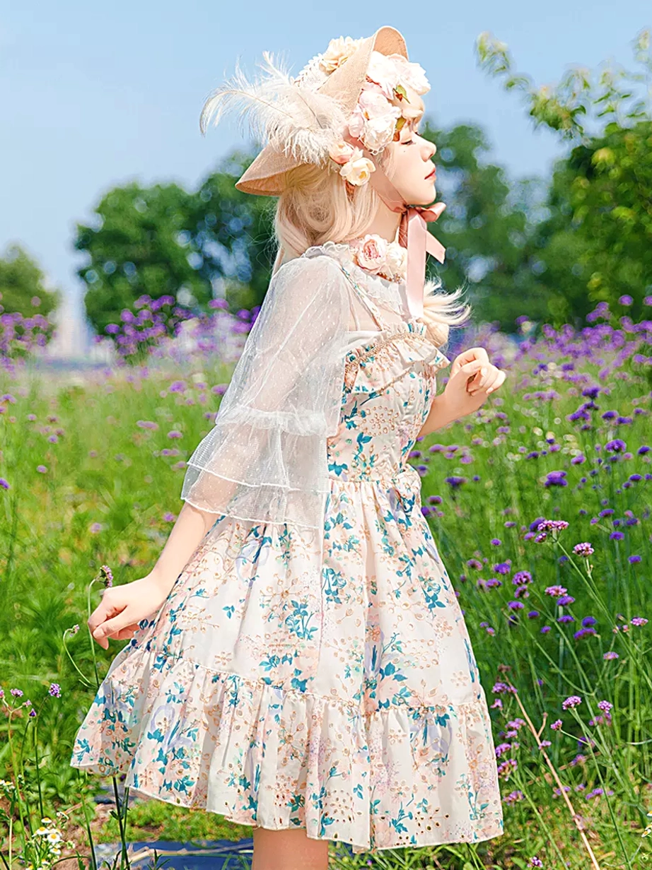 Sweet Lolita floral dress side profile full-body model view outdoor scene feather-trimmed hat pink neck ribbon sheer bolero romantic styling