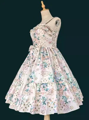 Lolita floral dress one-shoulder style on dress form featuring shirred bodice waist bow and romantic floral print design classic sweet lolita