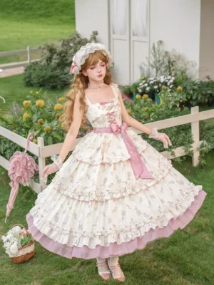 Sweet lolita dress model wearing coordinated lace bonnet headwear and holding decorative lace parasol, full-body shot on lawn