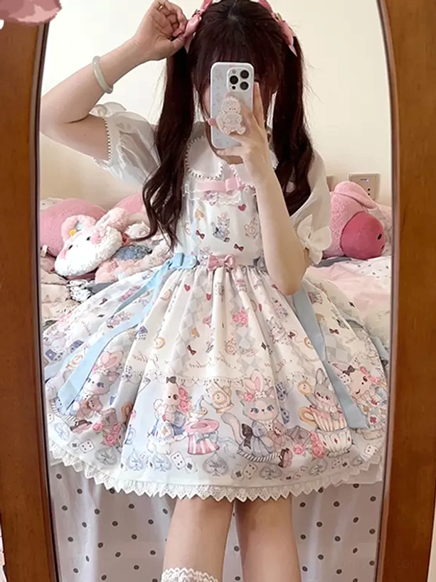 Sweet Lolita floral jumper dress sleeveless design white color front view mirror selfie with twin ponytails pink bow accessories