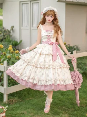 Cream and pink floral sweet lolita midi dress with tiered tulle ruffles and spaghetti straps, full-length front view in garden setting
