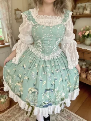 Sweet Lolita floral pinafore dress front full view showing corset bodice ruffled skirt hem and silhouette holding skirt