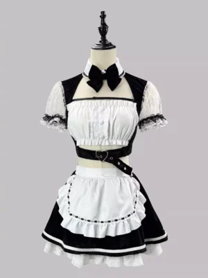 Sweet lolita French maid cosplay two-piece outfit front view mannequin display gray background cropped waist top lace short sleeves ruffled apron skirt