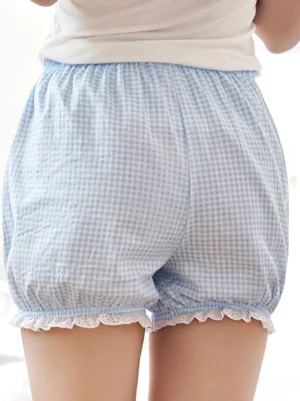 Sweet Lolita gingham bloomer shorts back view showing elastic waistband white lace ruffled hem detail