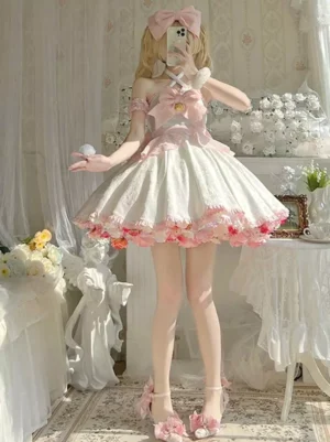 Sweet Lolita pink and white floral halter dress full-body front view, blonde model with pink bow headpiece, white fluffy wrist cuffs, pink bow heels coordination