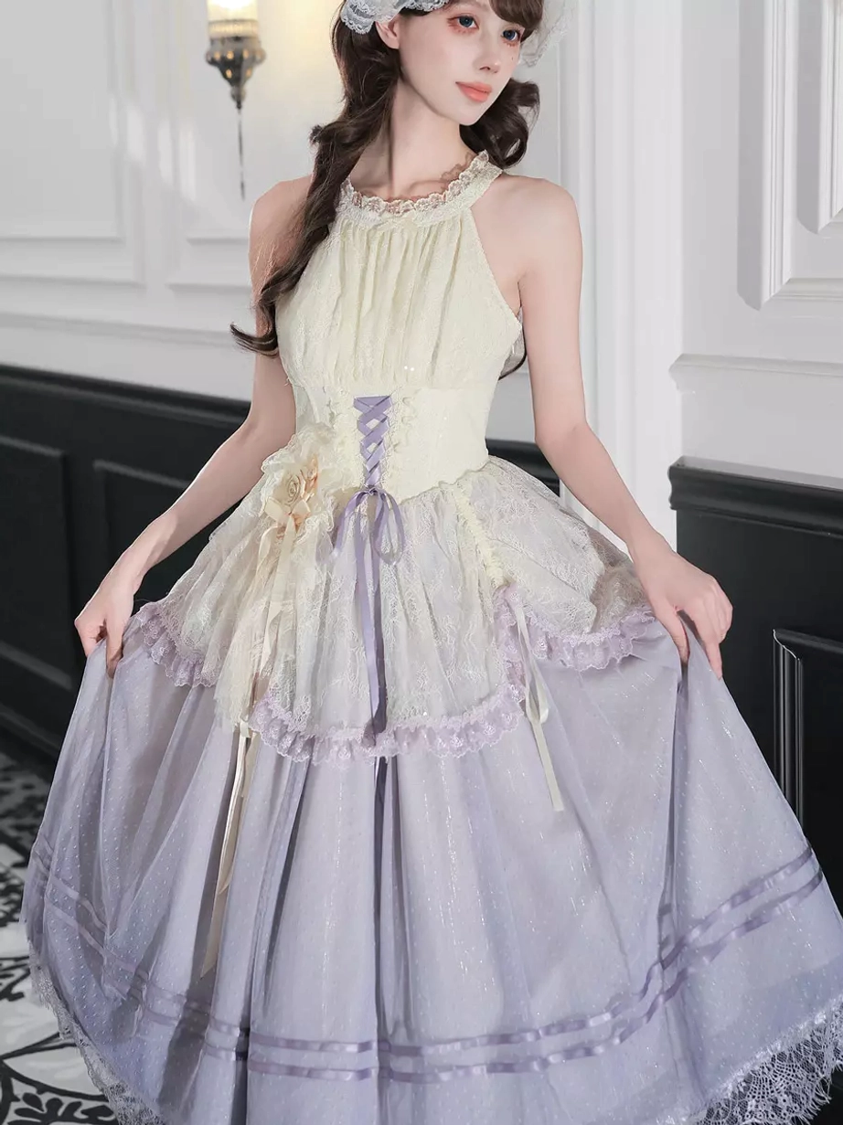 Sweet lolita halter jsk dress detail shot lace trims tulle layers corset bodice construction quality craftsmanship close-up view