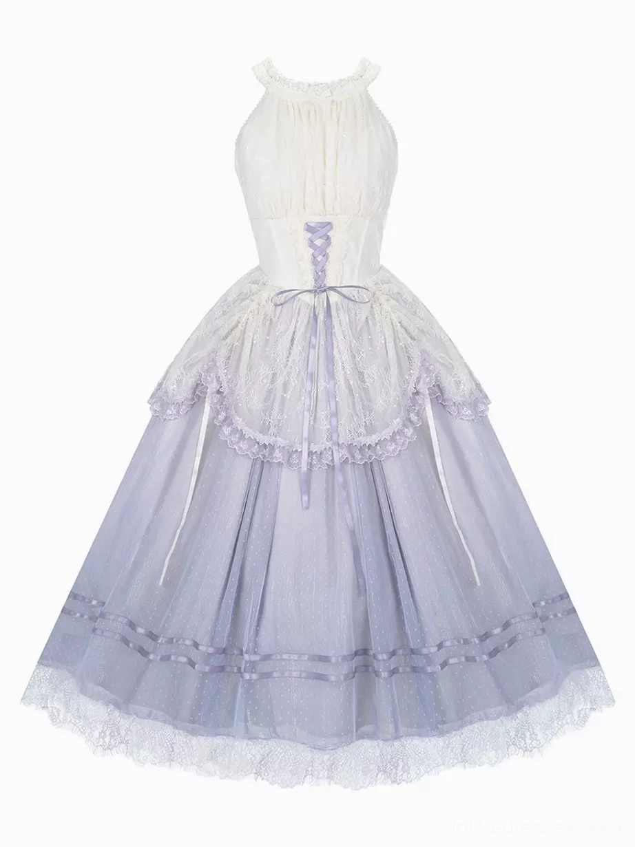 Lavender halter sweet lolita jsk dress full outfit complete look styling with coordinated accessories lace bonnet parasol photography