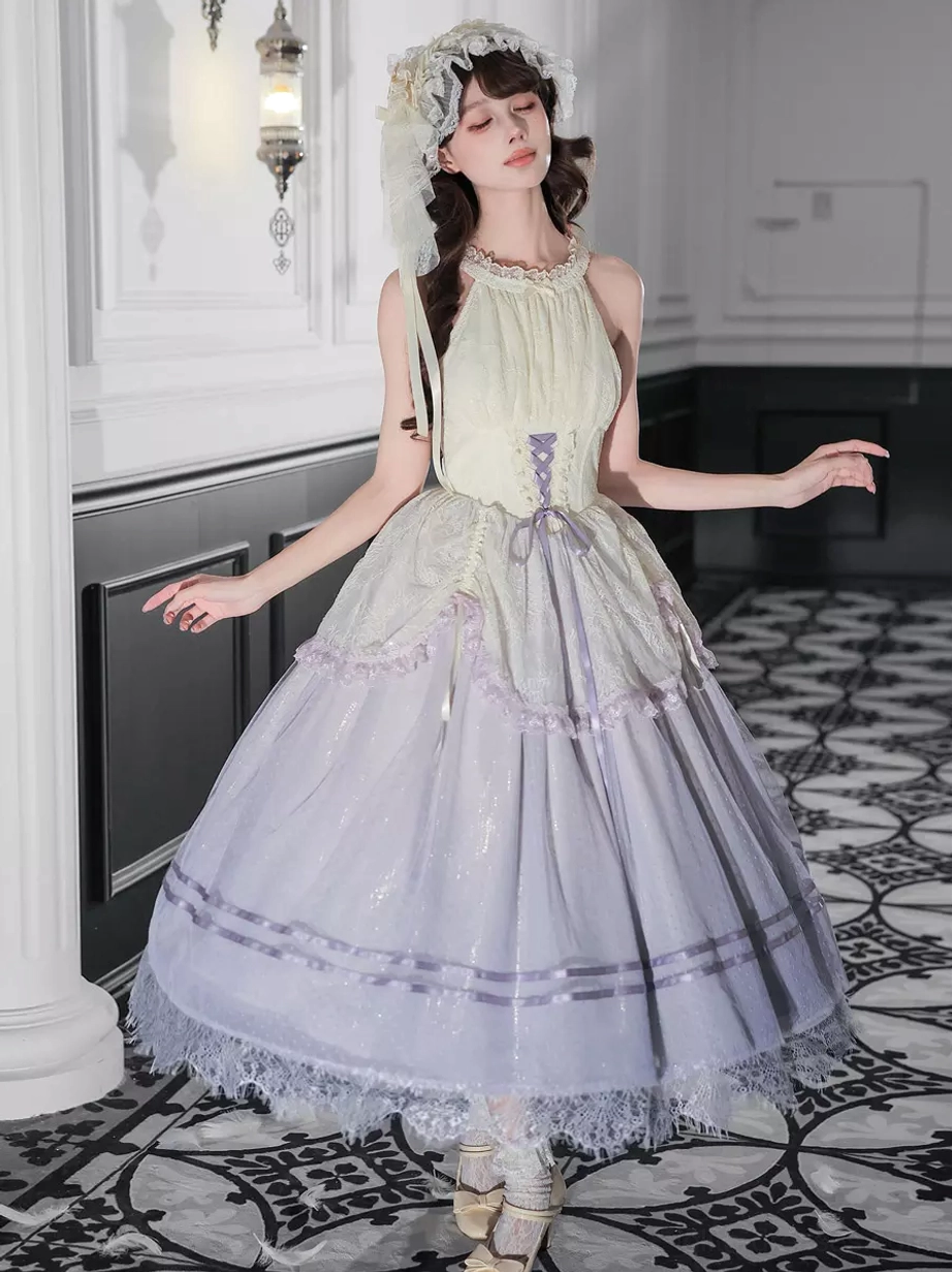 Lavender halter sweet lolita jsk dress front view full body model indoor vintage hallway corset bodice lace hem ribbon tiered skirt
