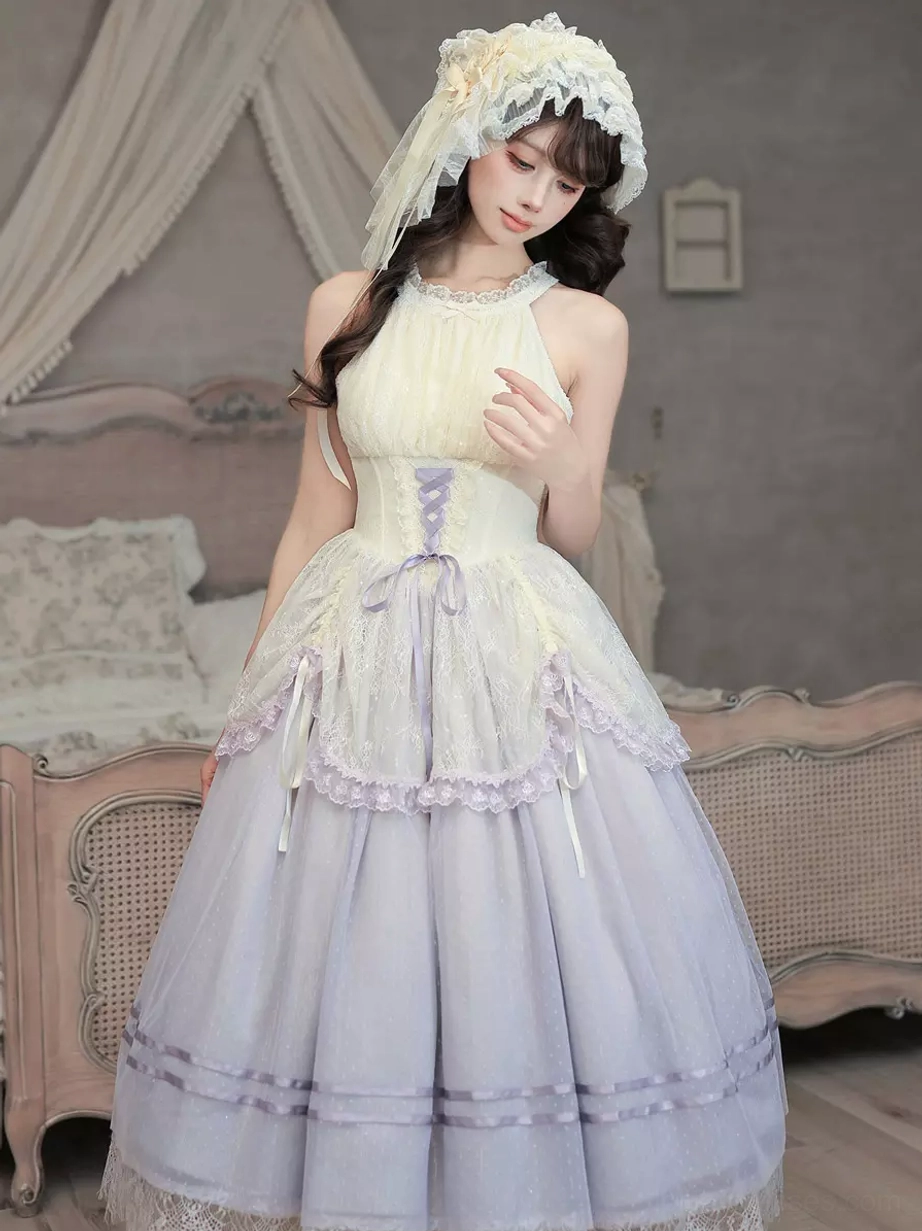 Lavender halter lolita jsk dress side three-quarter view model wearing lace bonnet indoor bedroom scene tiered lace skirt halter neckline