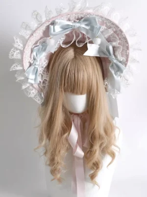 Lolita bonnet pink satin fabric white ruffled lace long pink neck ribbon medium front shot mannequin model
