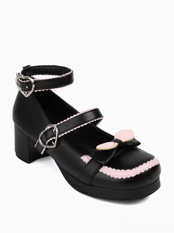 Sweet lolita heart buckle bow pumps chunky heel detailed product shot authentic lolita footwear