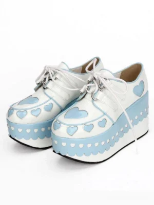 sweet lolita heart platform shoes white light blue front view scalloped heart platform lace-up closure
