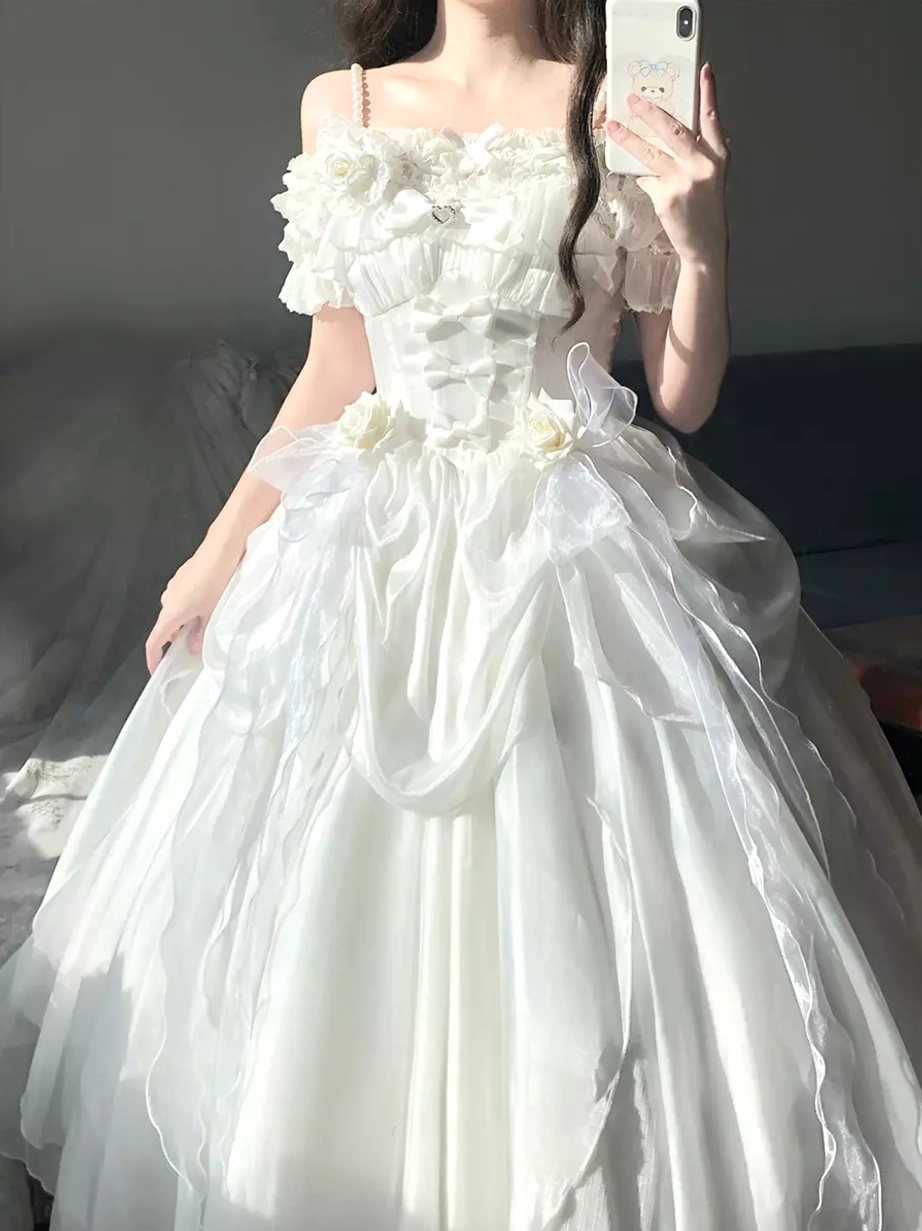 All color variants sweet lolita hime dress pink ecru white black burgundy sleeveless ruffled off-shoulder collection showcase