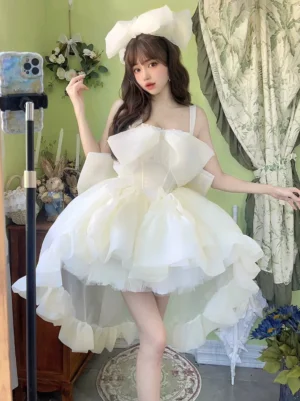 sweet lolita hime jumper dress with spaghetti straps milky white ruffled organza high-low skirt chest bow vintage tea party style