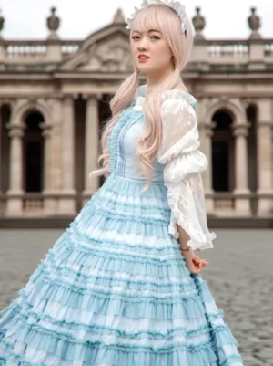 Sweet lolita JSK back three-quarter view light blue jumper skirt fitted bodice layered ruffles European architecture