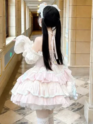 Sweet lolita fairy dress back view backless halter style twin tails thigh-high stockings layered ruffle skirt