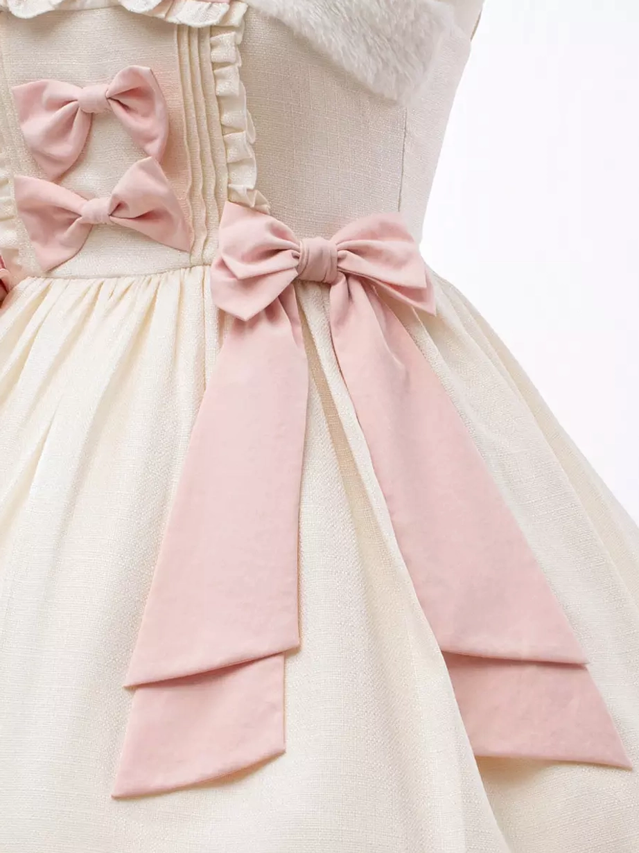 Sweet Lolita JSK bodice close-up double front pink bows ruffled details large side bow cream fabric