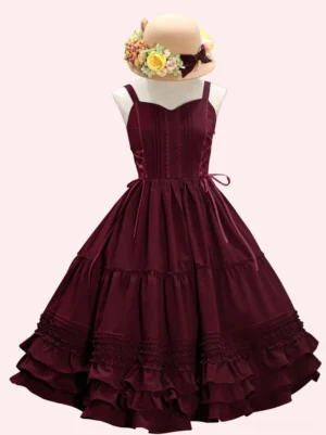 burgundy sweet lolita jumper skirt with tiered ruffles and sweetheart neckline front view