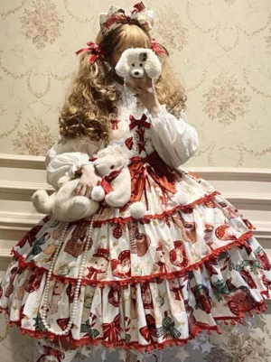 Sweet Lolita JSK dress front view featuring Christmas-themed floral print with tiered red trims and large oversized red bow detail, modeled on blonde curly-haired figure against vintage floral background