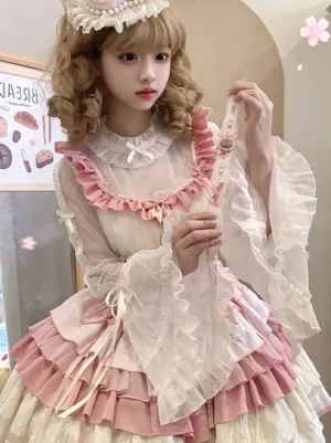 Hime Sweet Lolita dress half-body front shot showing ruffled collar design lace hairband detail bows and upper bodice construction in cream-pink shade