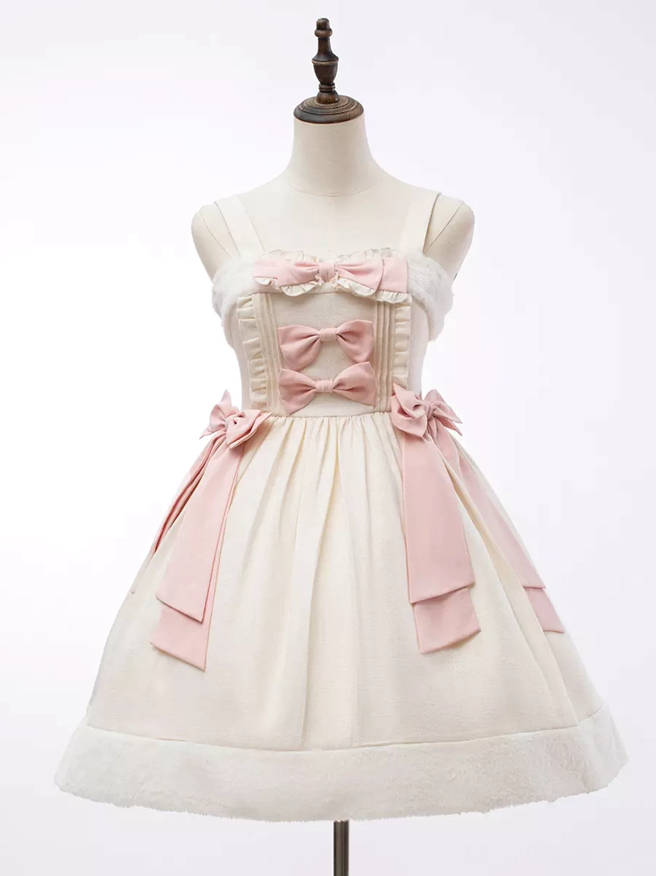 Sweet Lolita sleeveless JSK dress front view cream white with pink bows fuzzy trim rococo design full length dress form