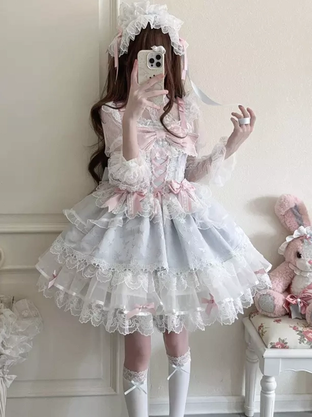 Sweet lolita JSK dress full body selfie styling white thigh-high socks hair bonnet indoor coordinate