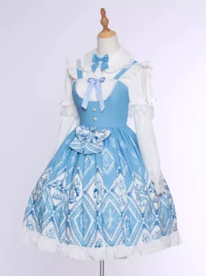 Blue-white sweet lolita suspender dress front display with heart button accents front bow and lace collar trim on dress form