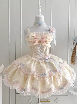 Sweet lolita jumper skirt dress showcasing layered lace ruffles and corset lace-up bodice construction, full-length front view on white wardrobe background with lace details visible